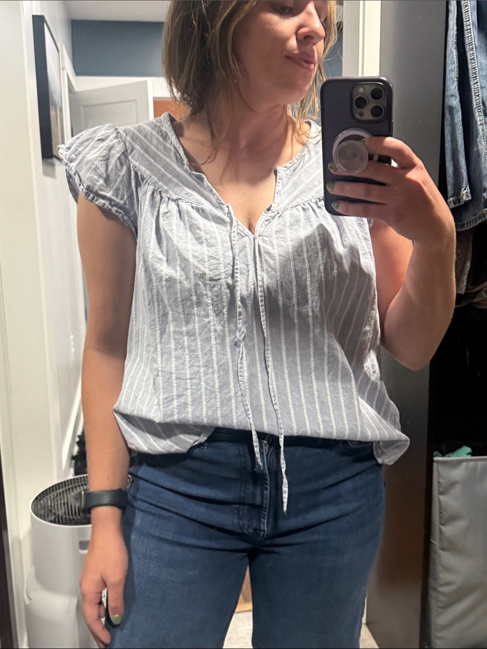 Light Blue Striped Cap-Sleeve Women's Top
